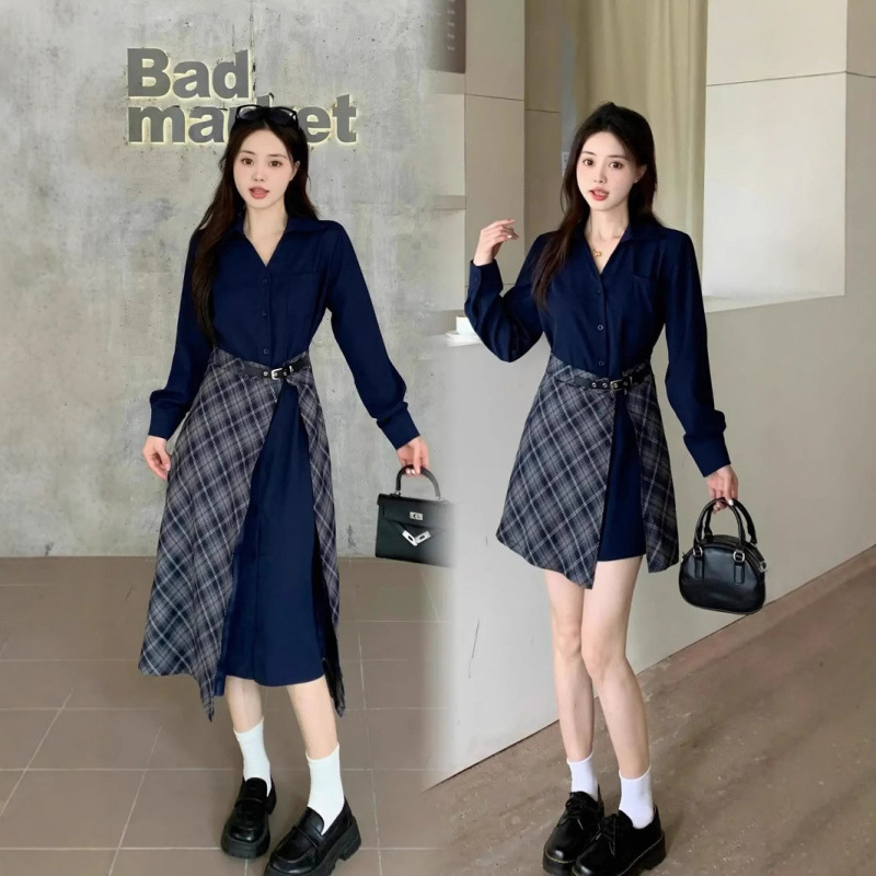 플러스 사이즈 통통녀 한국 레트로 가짜 투피스 격자 A문자 원피스 봄 슬리밍 허리 디자인 원피스