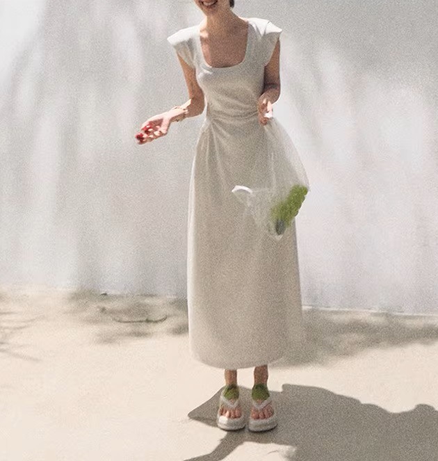 Oakmo Basic* Xiaodao's Summer Lyocell Uネック肌に優しいデイリー直角肩ウエストドレス|undefined