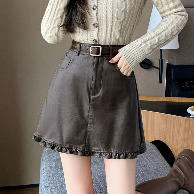 现货皮裙女2025秋冬防走光裤裙木耳边摆半身裙pu皮短裙高腰a字裙