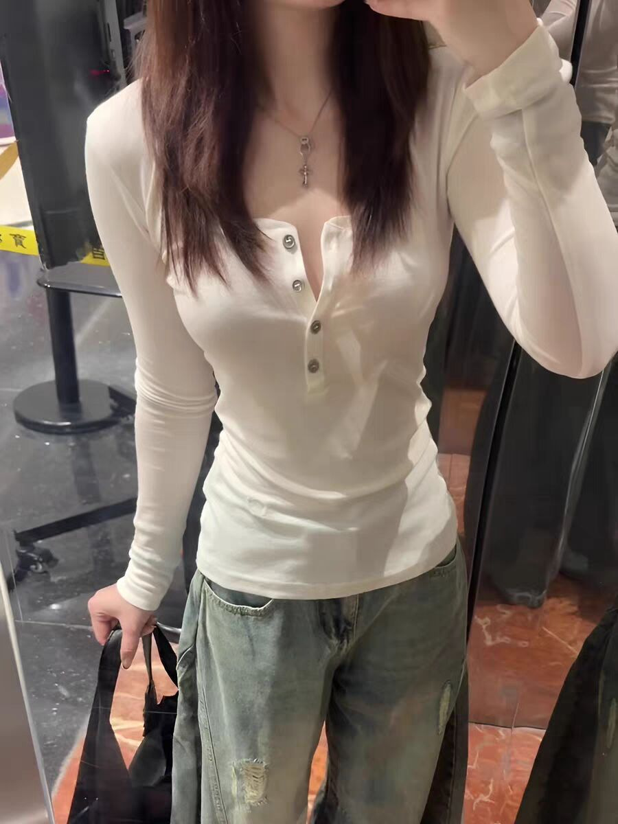 Purely desirable hot girl V-neck bow long-sleeve T-shirt for women, early spring stylish inner wear, slim-fit, versatile base shirt top