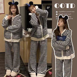 半边绒女冬季2025新款加厚加绒珊瑚绒家居服孕妇套装冬可外穿氨纶