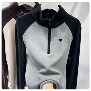 German velvet stand collar sweater women's 2025 spring new contrast color stitching half zipper casual all-match fashion long sleeve top