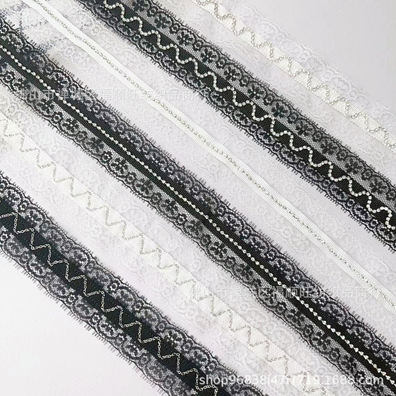新款现货优质黑白钻链蕾丝珍珠花边手工钉珠花边织带 服饰辅料