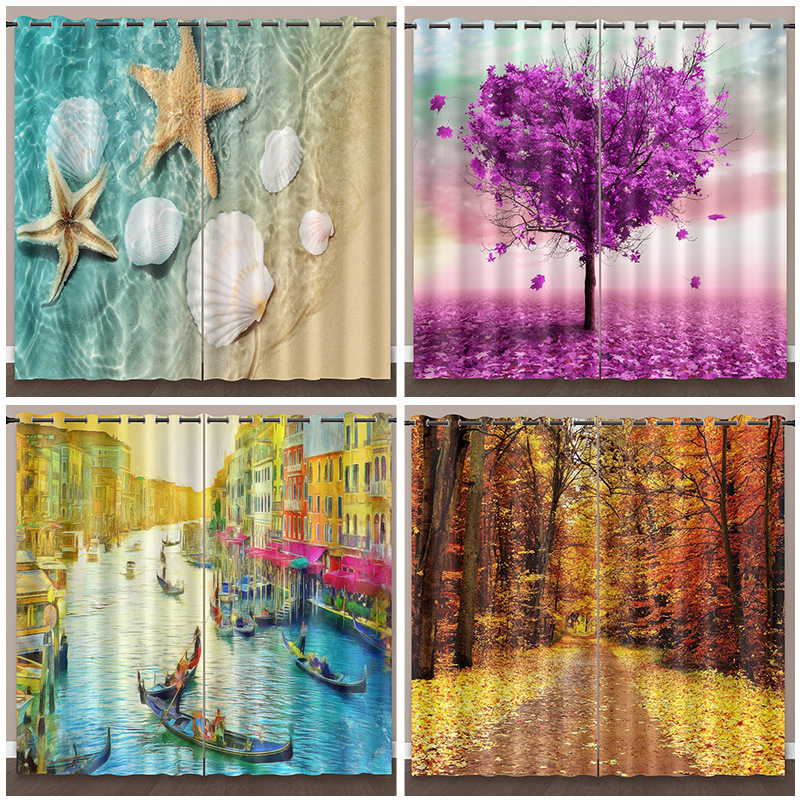 Amazon New Natural Scenery Curtain Hotel Homestay Bathroom Partition Curtain Living Room Bedroom Sunscreen Curtain