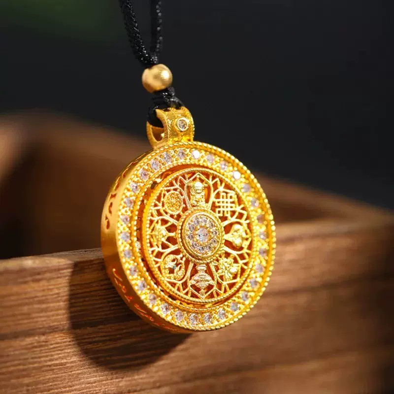 18k黄金可旋转八宝罗盘吊坠au750彩金镶嵌宝石爆款引流项饰女珠宝