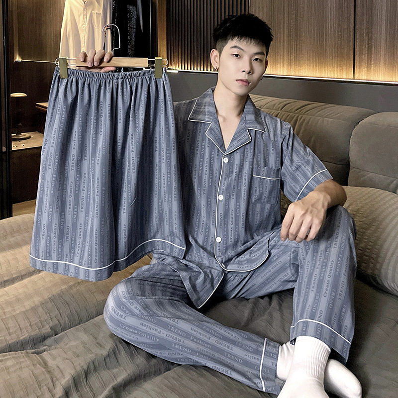 Pijamas de verano de alta calidad para hombres primavera y otoño tres piezas delgada seda de hielo de manga corta ropa para el hogar de seda juvenil