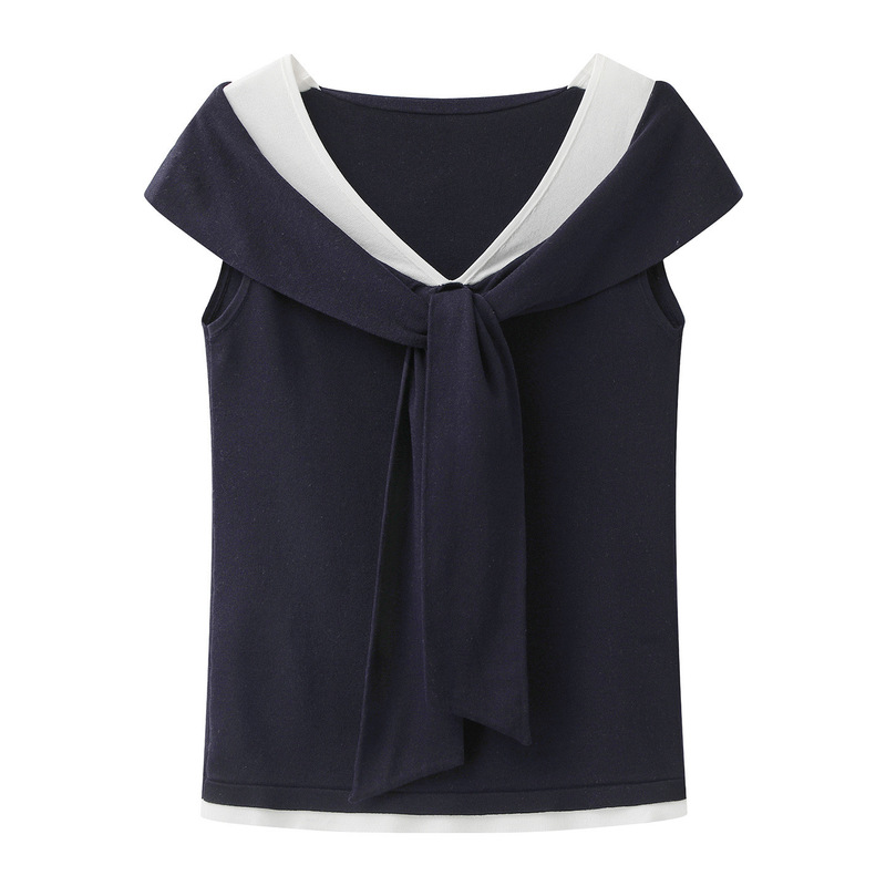 Niaojia Domestic Knitwear Sleeveless Top New Women's Fashion 80292026 Summer Turn-Down Collar Color-Blocking Stylish Versatile 21