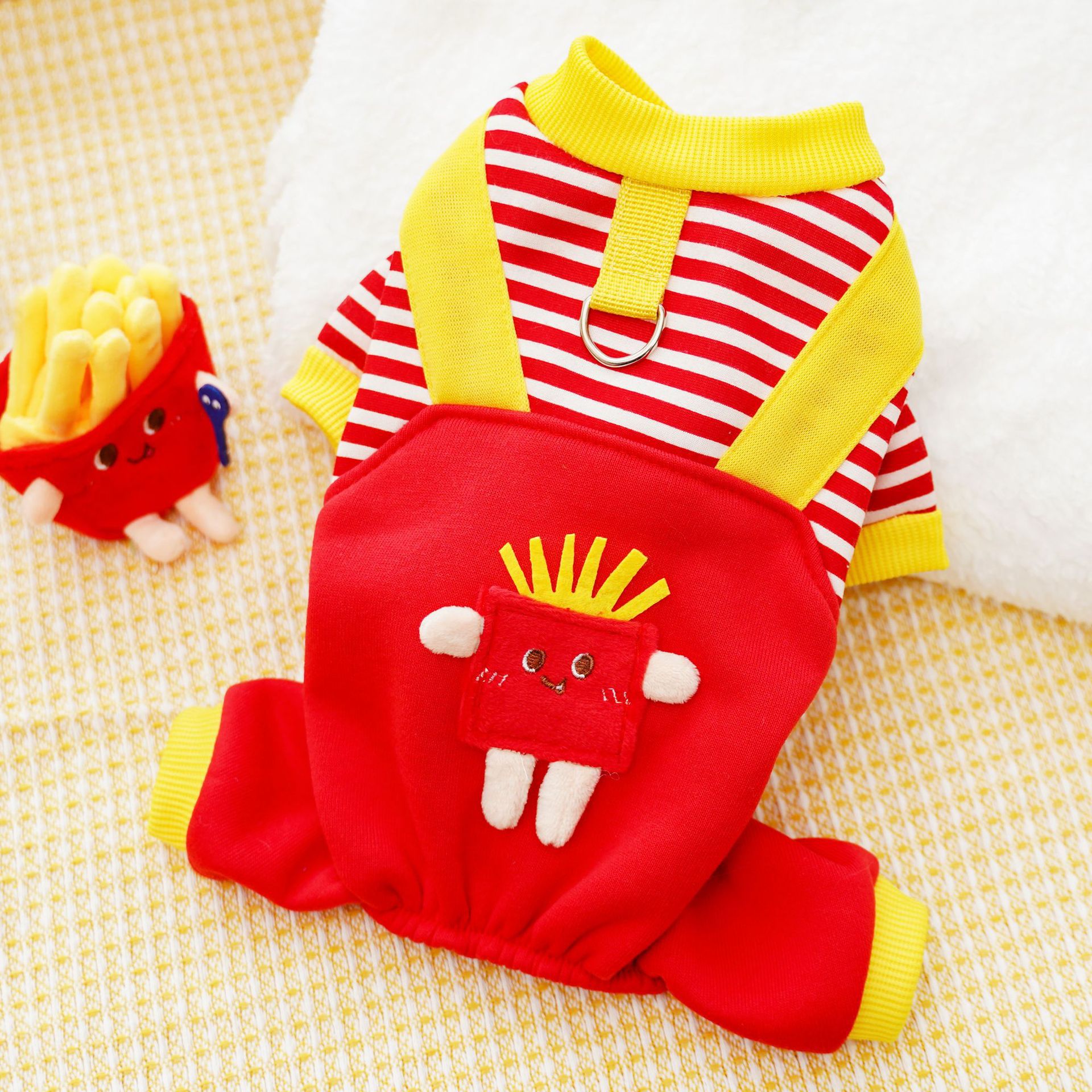 Otoño e invierno perro mascota ropa de perro felpa de gato ropa de dos pies papas fritas a rayas perro pequeño Corgi puede tirar