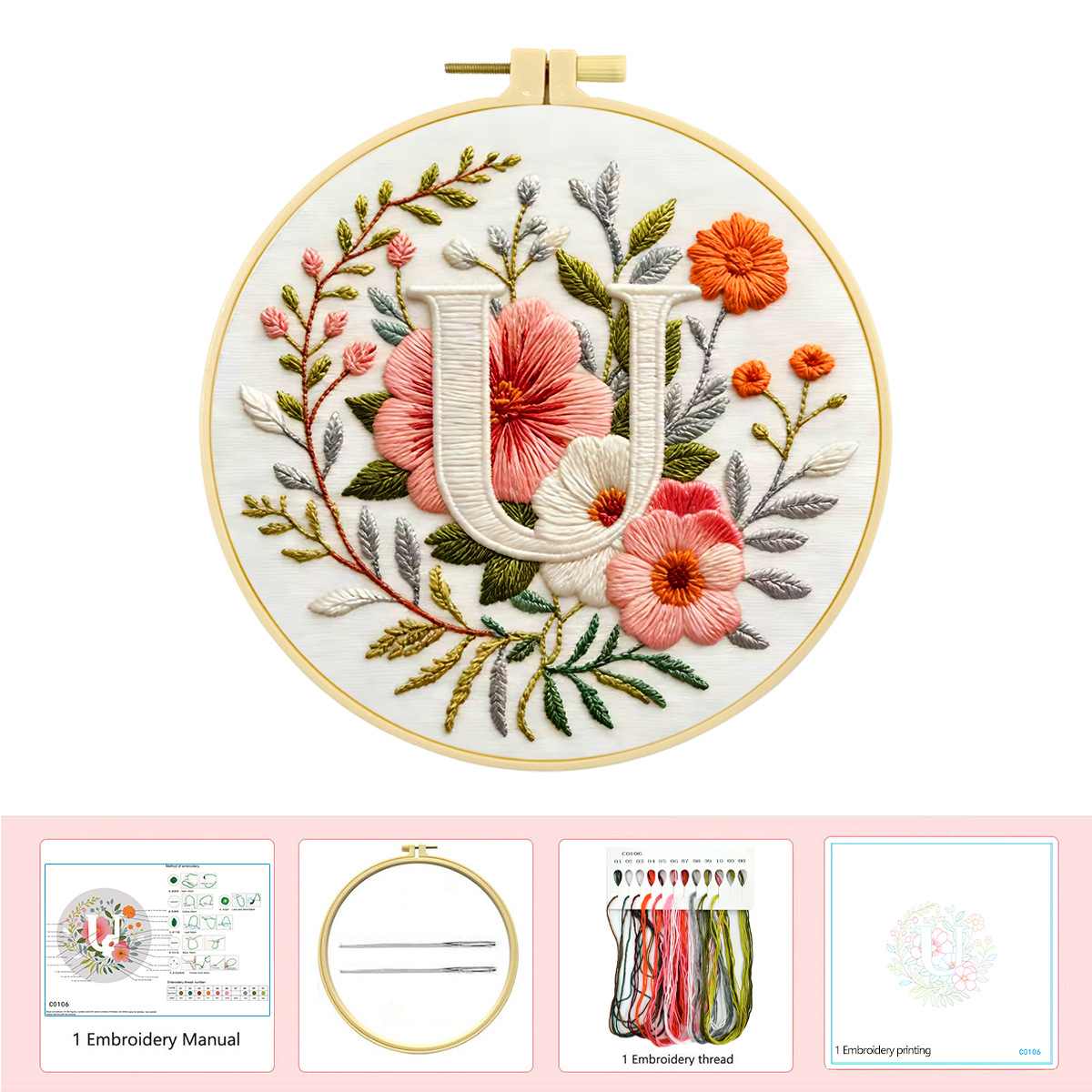 Hecho a mano flores y plantas europeas bordadas paquetes de materialdiy inglés 26 letras simple principiante nivel de bordado al por mayor