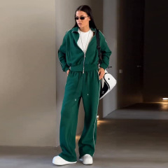 欧美女装2025秋季新款甜美清新翻领拉链长袖卫衣高腰直筒裤两件套