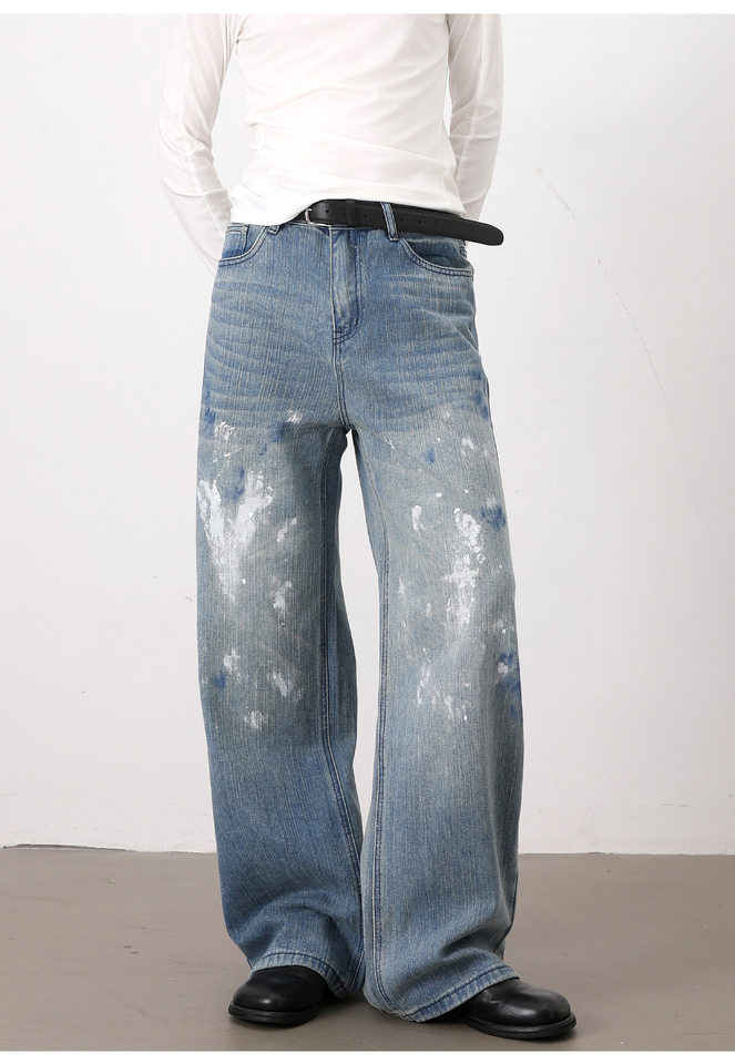 Quần jeans nam ống rộng dáng thẳng phong cách Hàn Quốc, họa tiết vẽ tay độc đáo — Màu xanh dương chi tiết 15