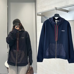 天花板品质 25SS潮牌新款Miu藏青徽标拼接连帽卫衣外套男女同款潮