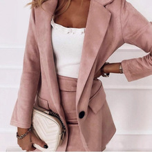 现货 跨境电商好立站欧美新款女装粉色修身长袖西装套装裙