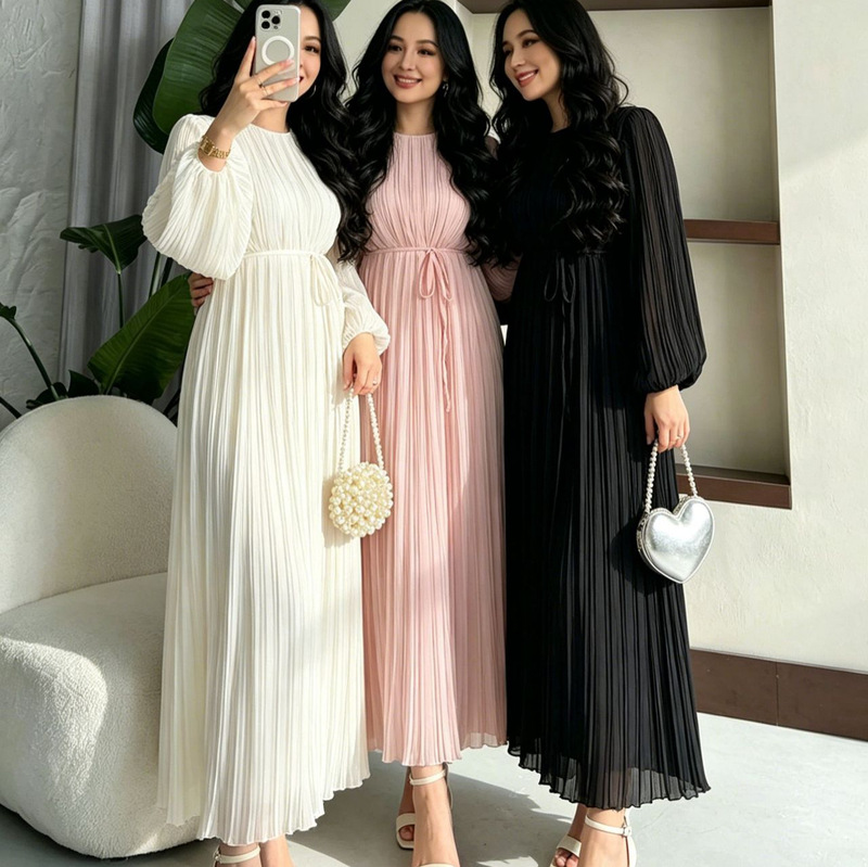 Pleated skirt, European and American cross-border dress, solid color elegant long dress, waist-cinching, loose-fitting, versatile style, direct from the factory Pleated skirt, European and American cross-border dress, solid color elegant long dress, waist-cinching, loose-fitting, versatile style, direct from the factory
