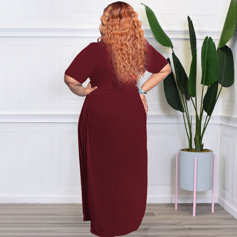 Commute Solid Color Round Neck Half Sleeve Rib-knit Maxi Long Dress Pleated Skirt display picture 1