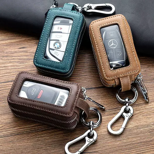 Oil Wax Leather Car Key Case, Genuine Leather Double-Layer Keychain, Top-Layer Cowhide Large Capacity Protective Cover Storage Bag, New