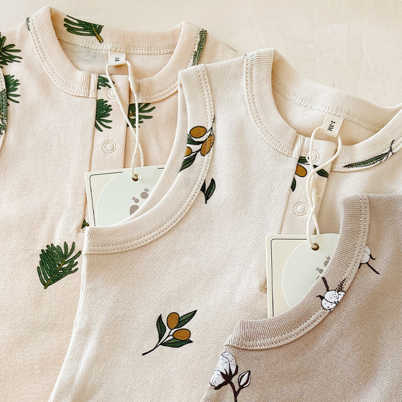 Factory Wholesale Danish Nordic Ins Wind Cotton Pine Branch Olive Short-sleeved Bag Fart Clothes Baby Short-sleeved Cotton