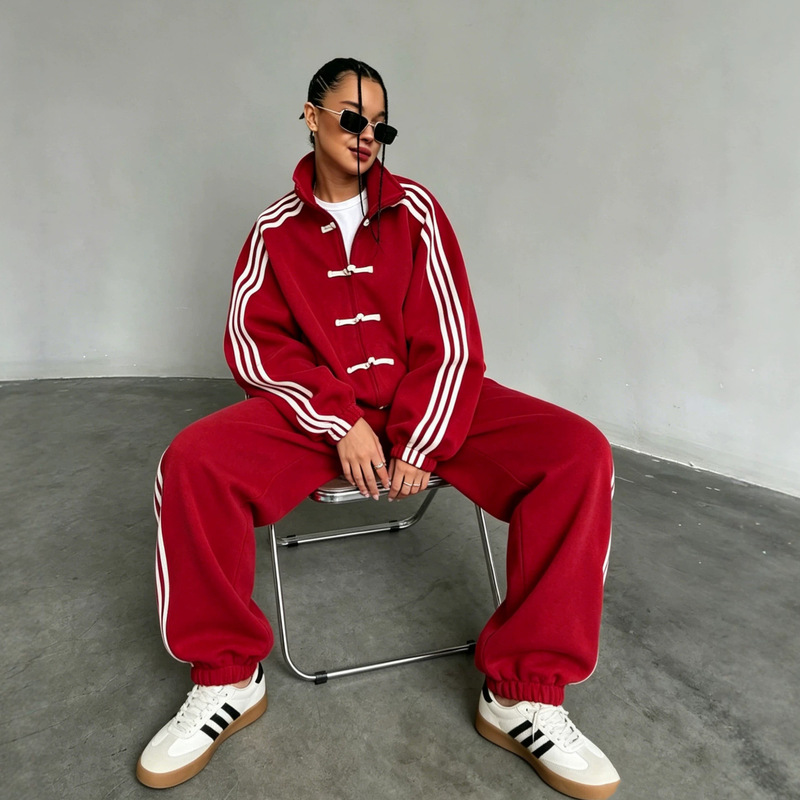 Cross-Border Hot-Selling Chinese-Style New Buttoned Three-Stripe Color-Blocked Women's Loose Top and Drawstring Long Pants Two-Piece Set