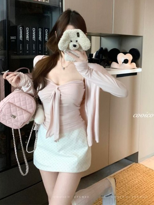 温柔粉色长袖外套开衫女秋季韩系穿搭套装绑带吊带背心上衣两件套|undefined