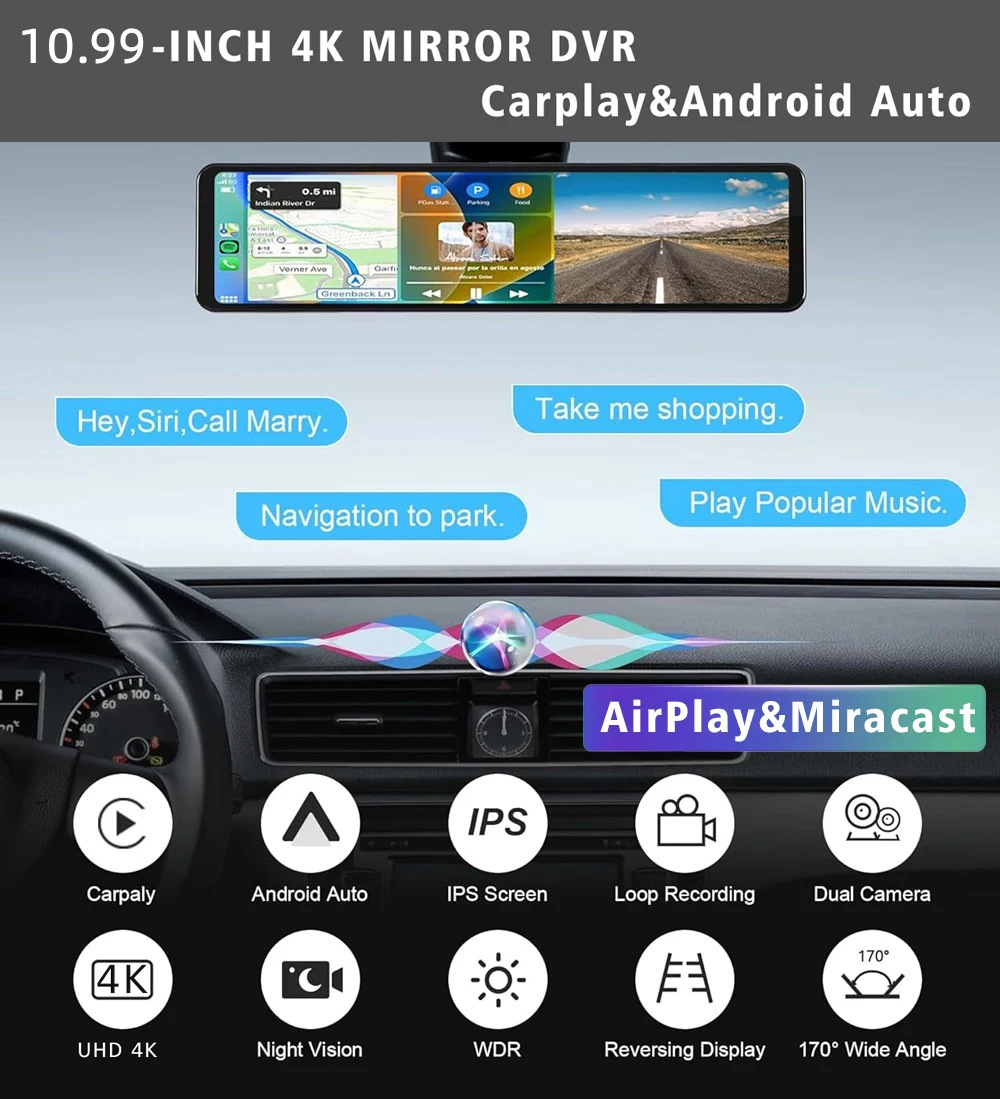 Cross-border screen driving recorder streaming media rearview mirror 4K HD Carplay before and after double recording GPS track