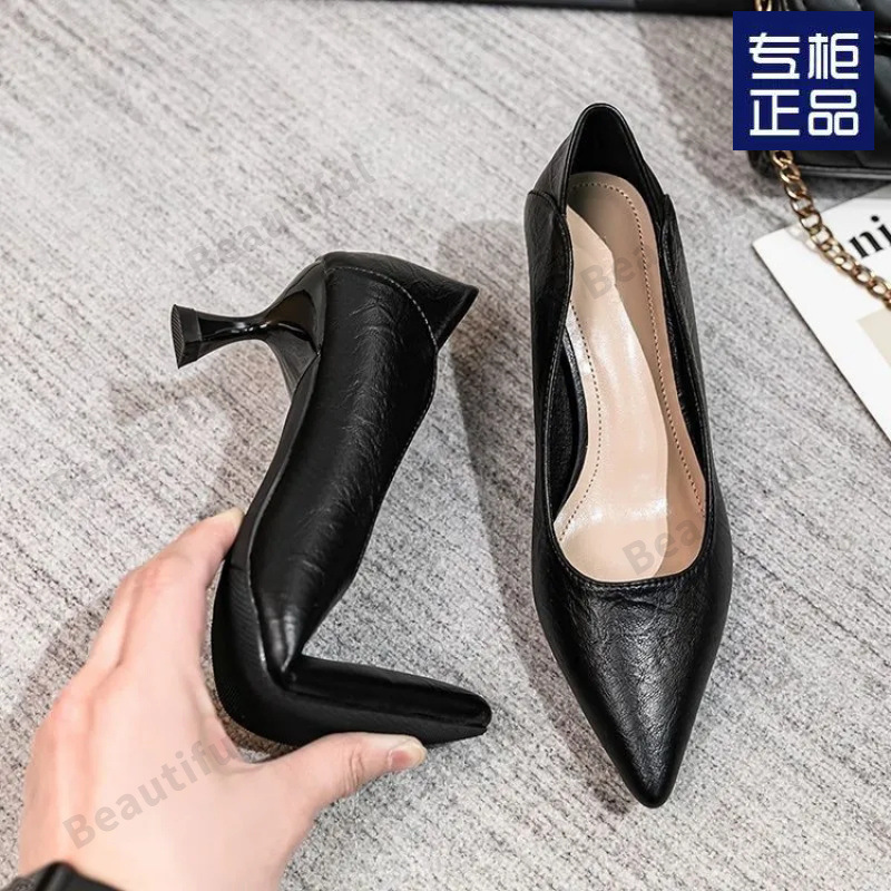 Flight Attendant High Heels, Stiletto Heels, Comfortable Soft Soles, Professional Women's Shoes, Workwear, Medium Heels, Soft Leather Work Shoes, Black Pointed Toe Shoes