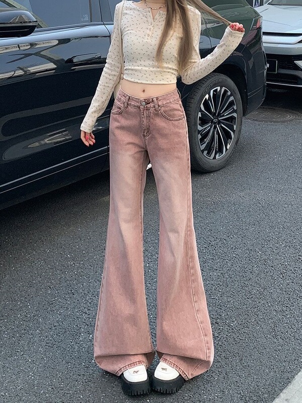Pink High-Waisted Flared Jeans for Women, Spring 2026 New Style, Non-Tight-Fitting, Slimming, Trendy, Drapey Bootcut Pants