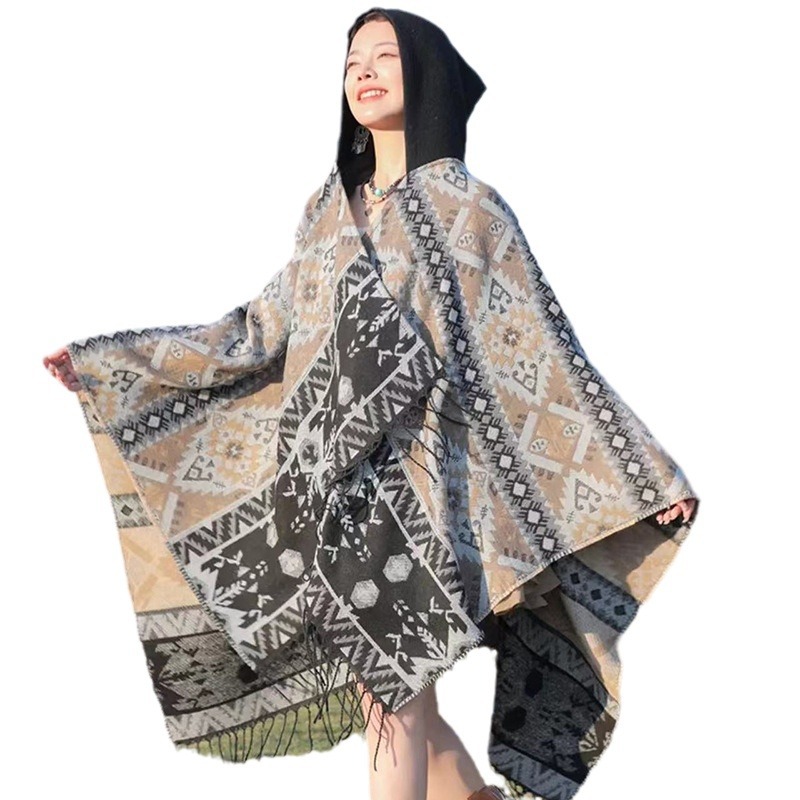Patrón geométrico de viento nacional con chaleón sombrero capa de viento bohemio totem bufandas turísticas cálidas a prueba de viento