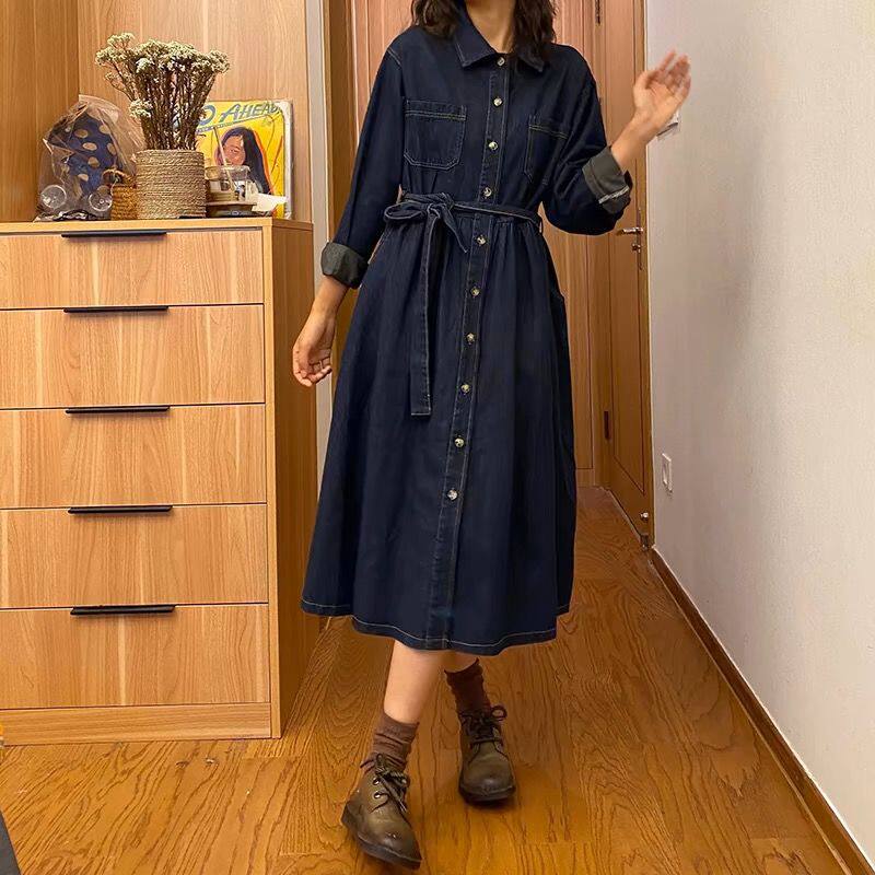 Đầm denim dài tay nữ phong cách thanh lịch, chiết eo tôn dáng, dáng chữ A lửng — Màu xanh dương