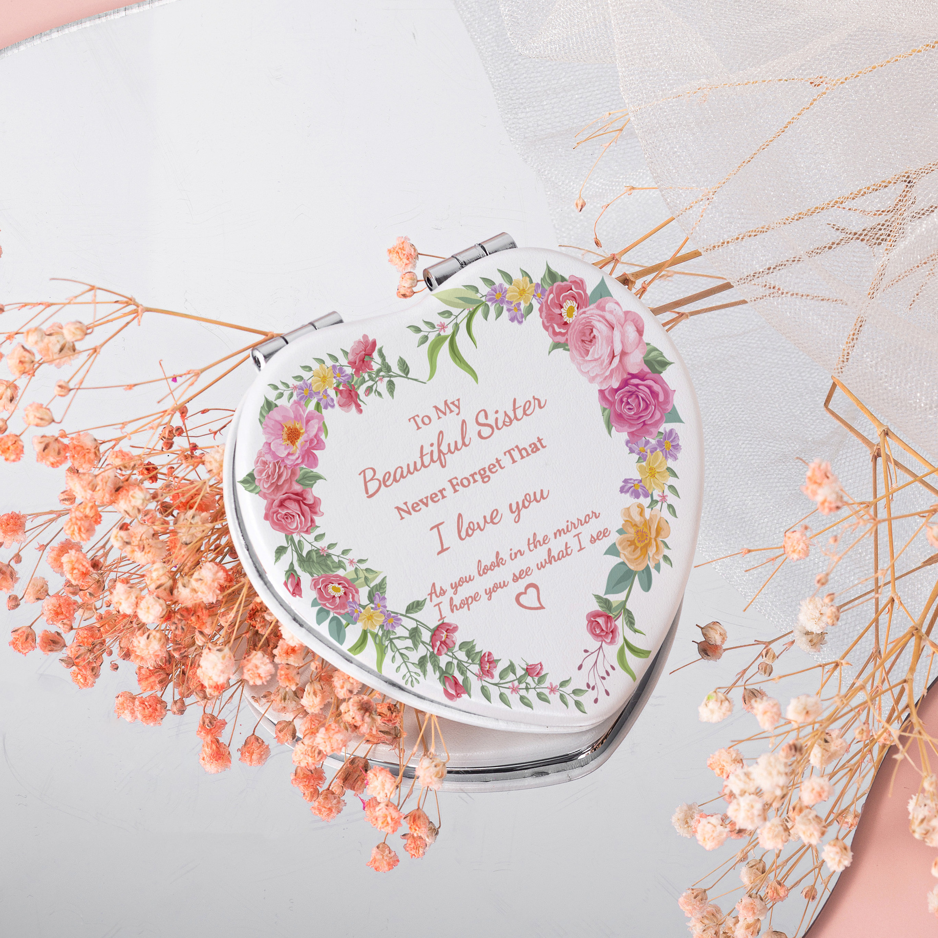 Espejo portátil con funda de PU en forma de corazón, estilo ins