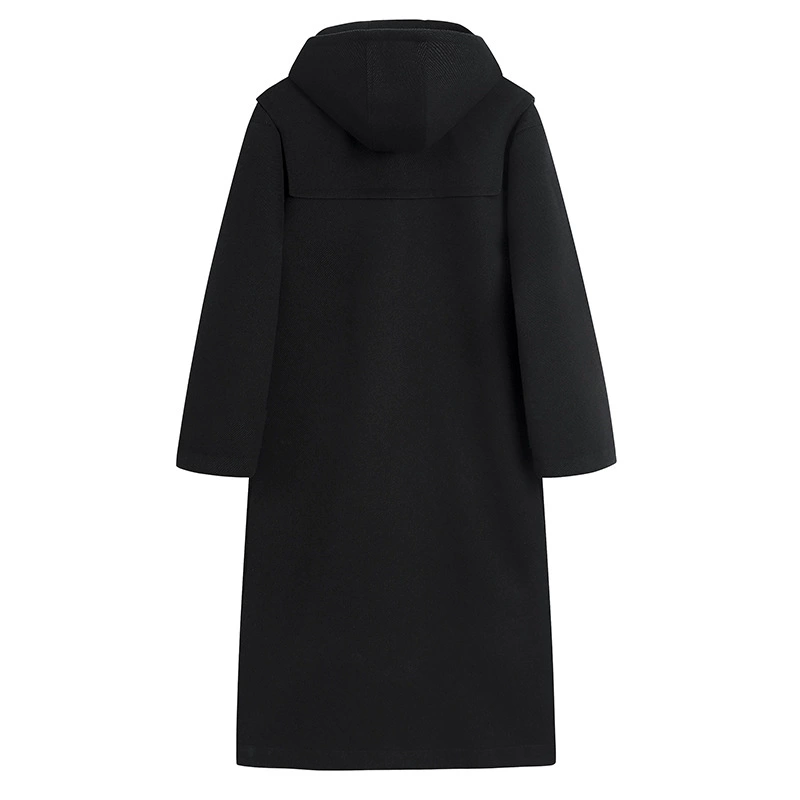 Длинное шерстяное пальто, утеплённый зимний тренч, макси длина, plus size — с капюшоном и застёжками