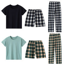 跨境男女童夏季睡衣T恤短裤长裤三件套居家空调服宽松休闲短袖套