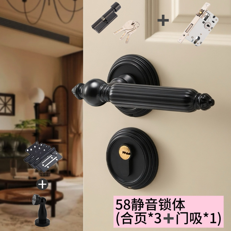 法式银色门锁卧室室内磁吸静音房门锁中古风亮铬木门把手分体锁具|undefined