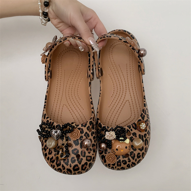 Leopard print ballet clogs for women, EVA caramel kitty outdoor beach comfortable non-slip closed-toe sandals for women in summer Leopard print ballet clogs for women, EVA caramel kitty outdoor beach comfortable non-slip closed-toe sandals for women in summer