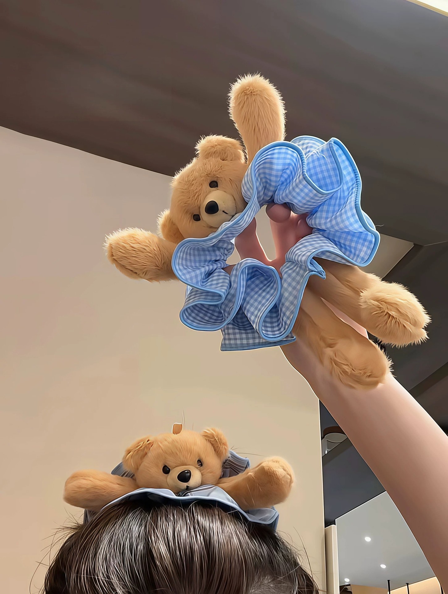 Plaid bear scrunchie, cute plush hair tie for girls, suitable for bun hairstyles, commuting high ponytail scrunchie, versatile hair accessory