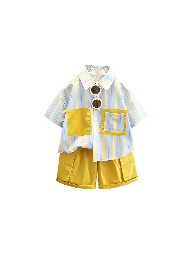 7829 traje de manga corta para niños 2024 verano nuevo estilo estilo occidental camisa a rayas para bebés traje de dos piezas de verano para niños