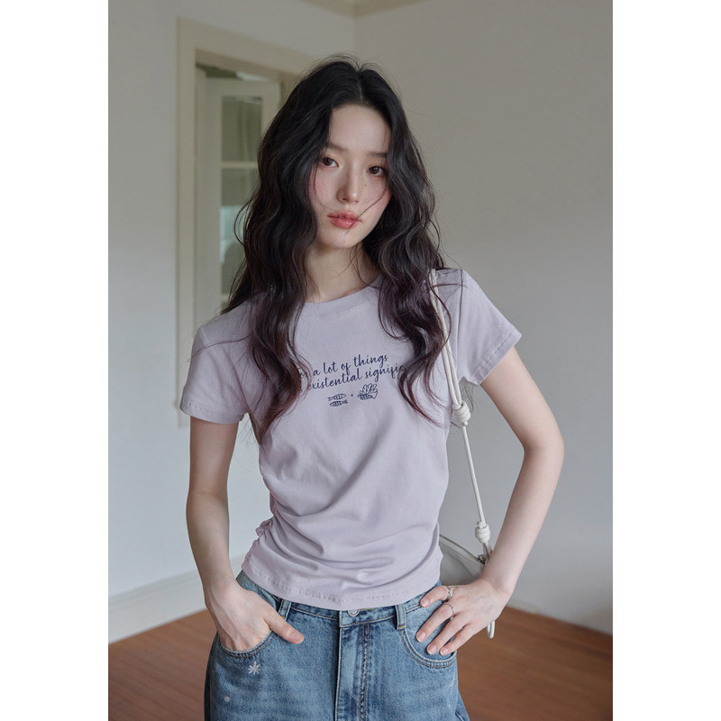 [in Stock] Iris Purple Ruched Waist T-Shirt! Letter Print Regular Shoulder Cool Touch Skin-Friendly Short Sleeve Slimming T-Shirt for Women