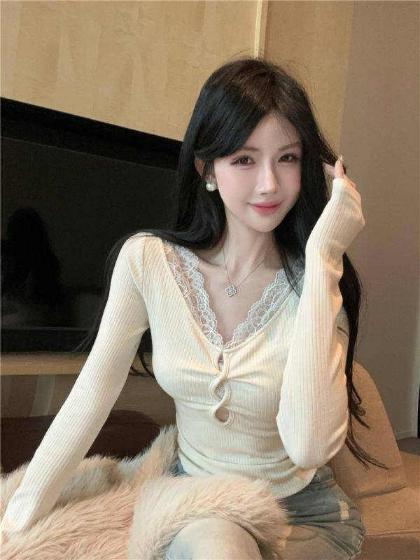 韩系纯欲蕾丝拼接长袖t恤女秋季假两件镂空修身显瘦内搭短款上衣|undefined