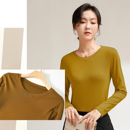 Spring and Autumn Round Collar Base Shirt for Women, Plain Color Versatile Stylish Short Top, Fitted Long Sleeve Women's T-shirt