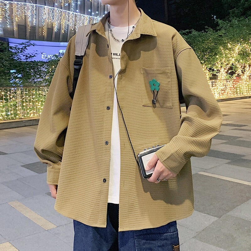 2026 Autumn New Waffle Long Sleeve Shirt Casual Jacket Men's Casual Shirt Spring and Autumn Fashion Trend