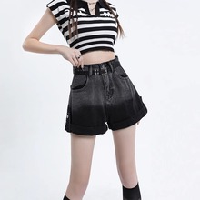 2025年夏季短袖复古女装渐变灰色休闲短裤高腰牛仔裤子休闲百搭