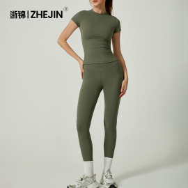 跨境欧美外贸跑步运动服瑜伽服短袖长裤套装速干衣健身服运动套装