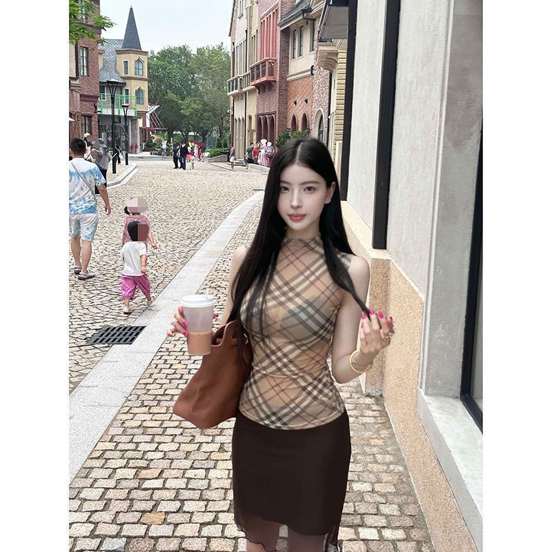 法式复古格子拼接无袖吊带背心女夏季新款修身显瘦短款百搭上衣潮|undefined