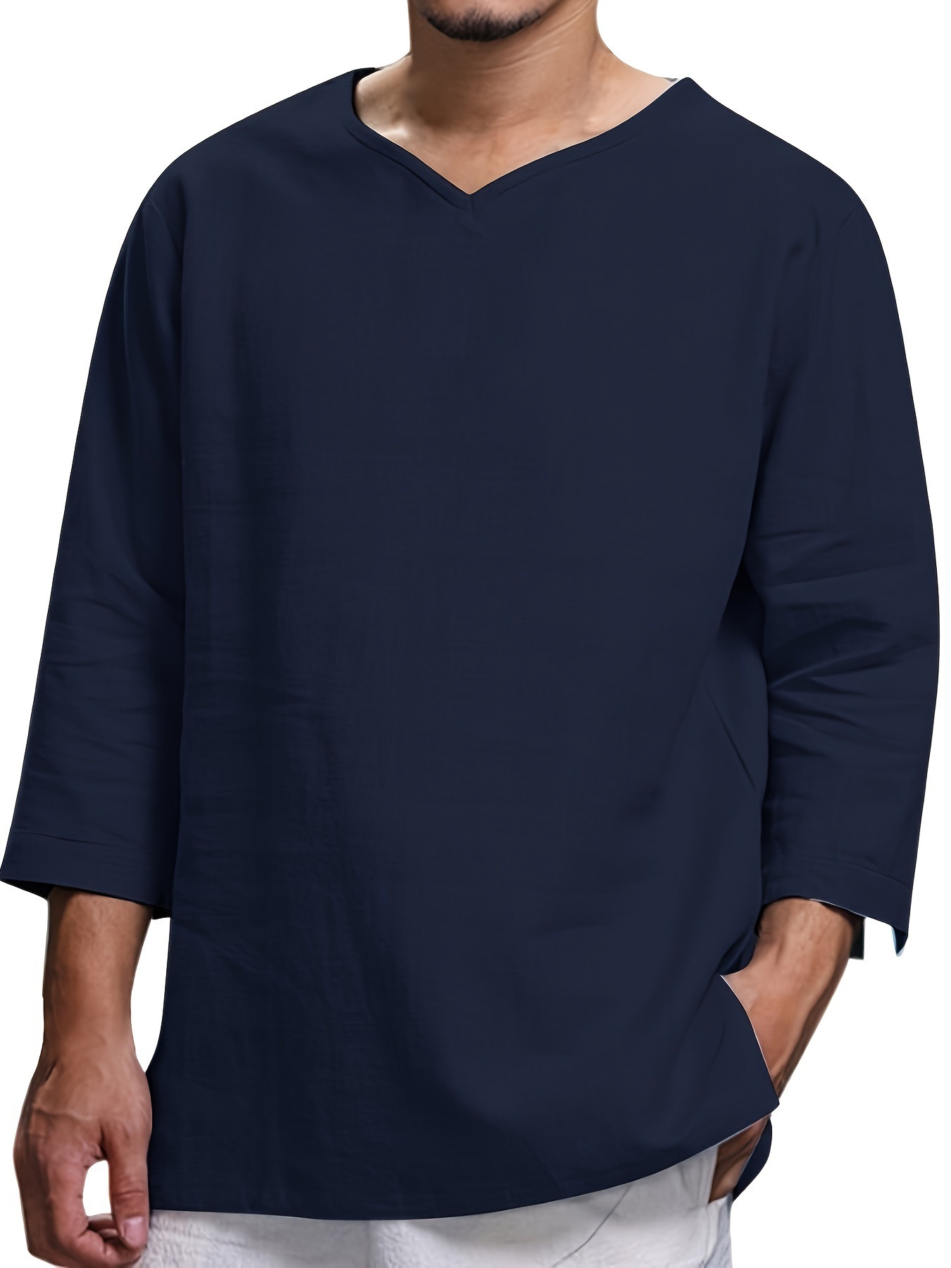 Men's Solid Color Simple Style V Neck 3/4 Length Sleeve Loose Men's T-shirt display picture 9