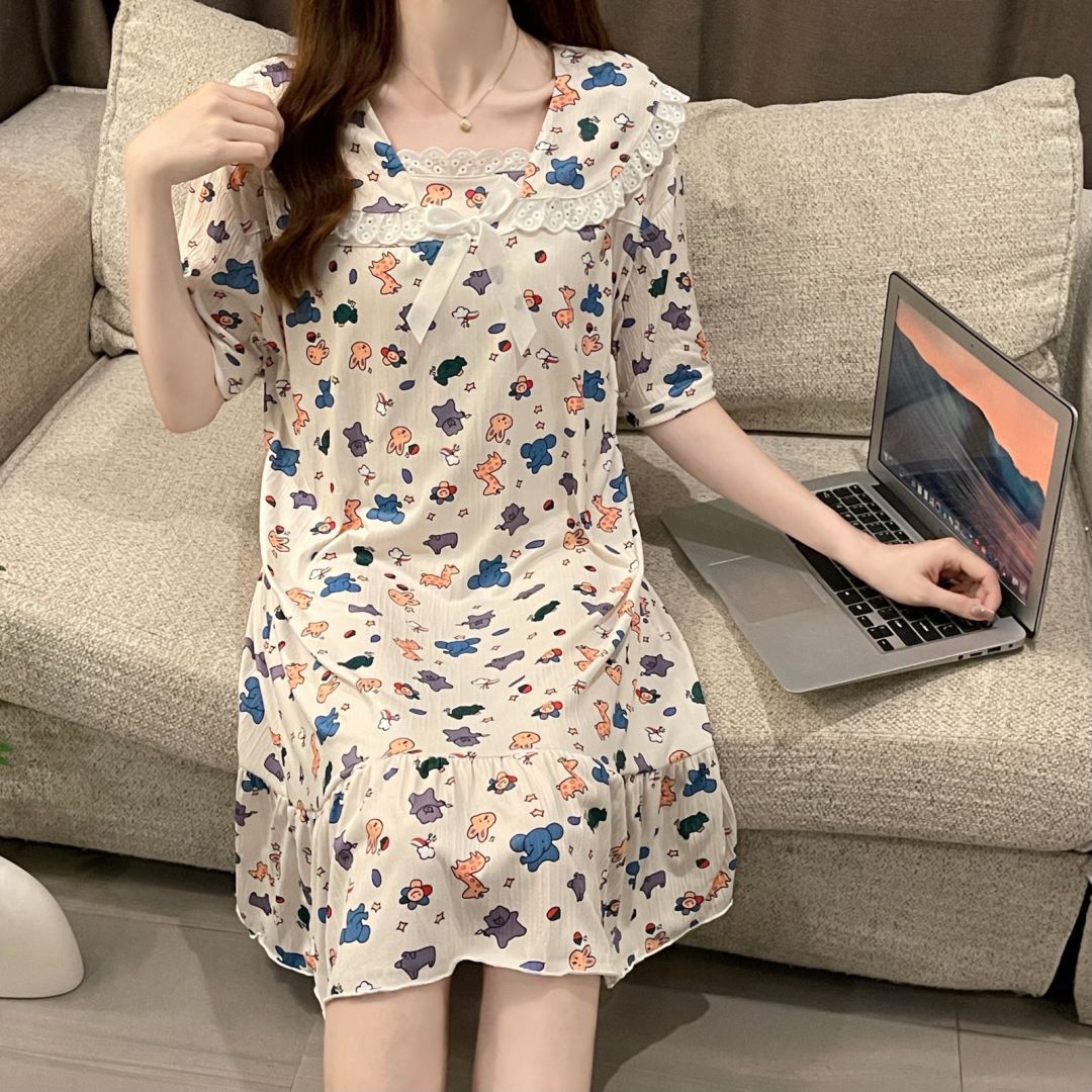 2024 pijama de mujer algodón de tela pijama de verano estudiantes frescos lindos mangas cortas ropa de cuello de muñeca media y larga