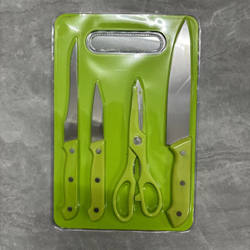 Fábrica directa de cuchillo de frutas de acero inoxidable cinco piezas cuchillo portátil con tablero de verduras al aire libre cuchillo de picnic juego de regalo