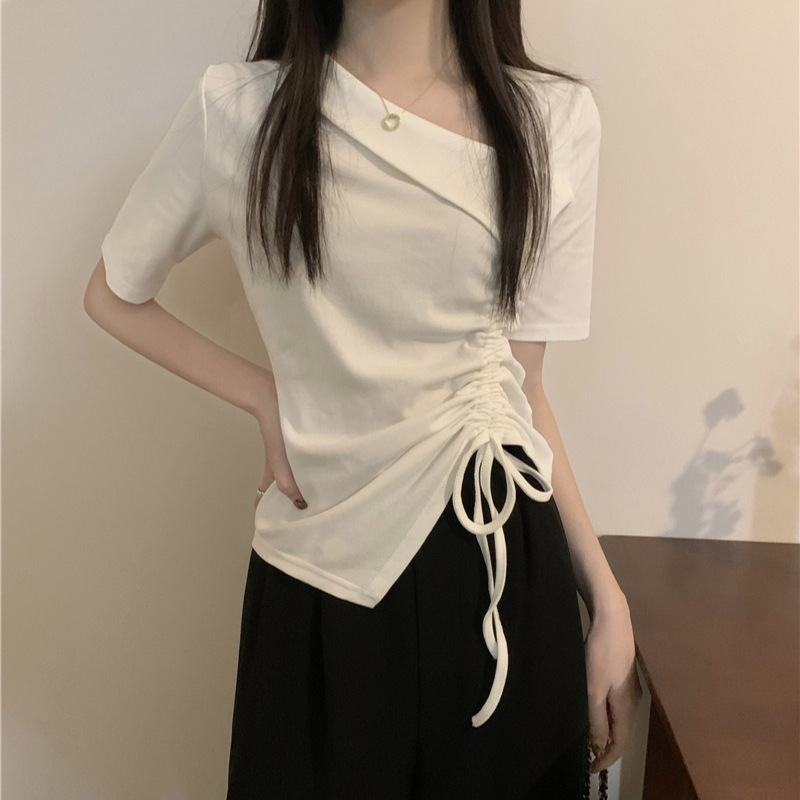 女性用斜め襟右肩半袖Tシャツ、夏用巾着、不規則なデザイン、甘辛スリムフィットアウターTシャツ、シックなトップス|undefined