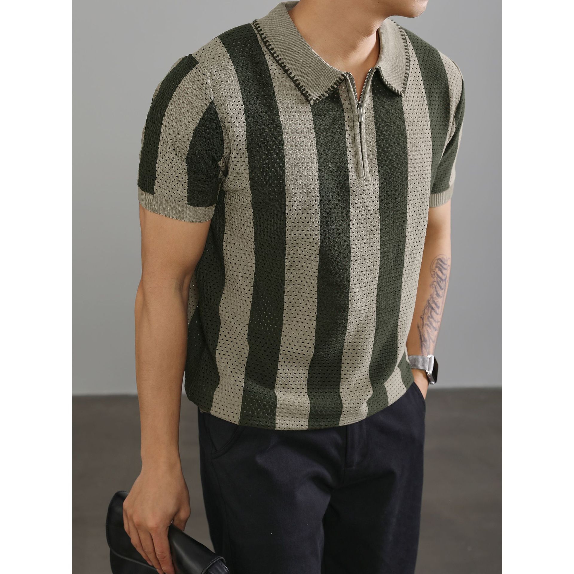 POLO camisa solapa suéter de manga corta hombres rayas huecas media cremallera negocios británicos verano comercio exterior transfronterizo al por mayor