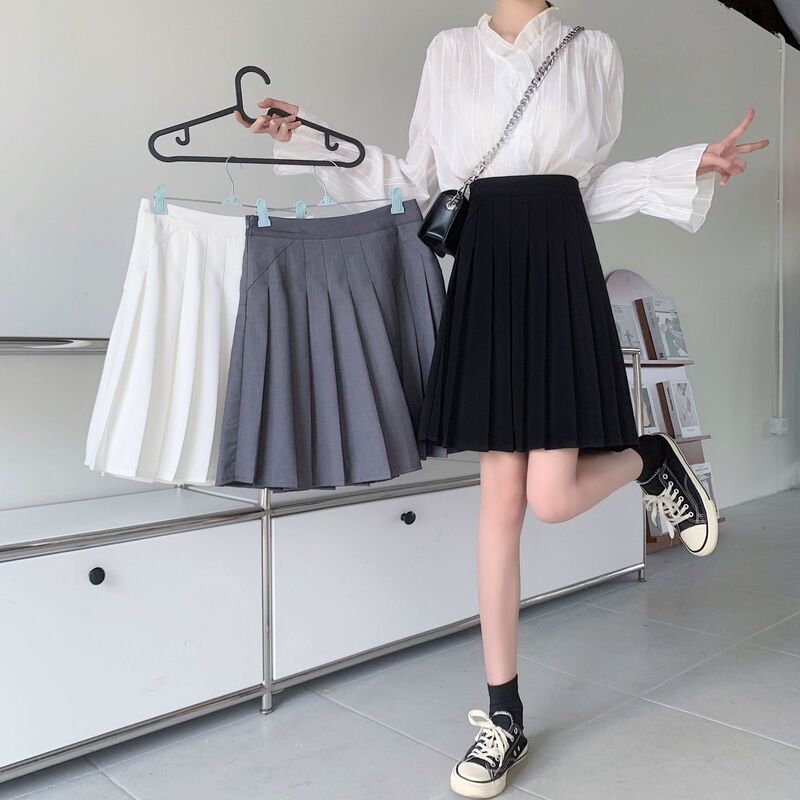 Black Gray White Skirt Women's Autumn and Winter High Waist Slim A- line Western-style Senior high school Student Games Pleated Long Skirt