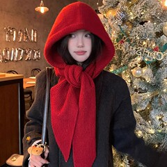 红色巴拉克拉法帽女秋冬季保暖毛线帽子围巾一体连帽围脖针织帽冬