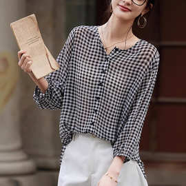 韩版宽松v领七分袖格子衬衫2026夏季轻薄防晒罩衫百搭气质上衣女
